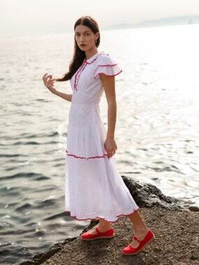 New Tags Brora Skye Cotton White Dress Red Dot Ric Rac Dress, size US4 UK8